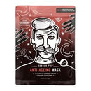 A rectangular anti-ageing mask sheet with a dark brown and red design, featuring a stylized black-and-white illustration of a man's face with a mustache and hair. The text reads 'BARBER PRO ANTI-AGEING MASK' and 'ANTI-AGEING MASK'.