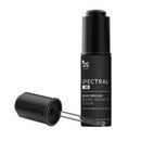 A black bottle and dropper of Beard Growth serum on a white background
