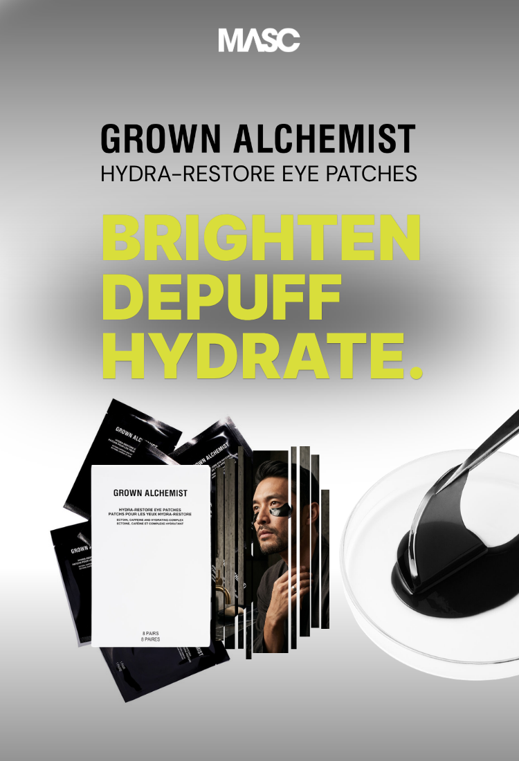 Banner promoting Grown alchemist hydra restore eye patches with "Brighten, Depuff, Hydrate" in bold yellow letters.