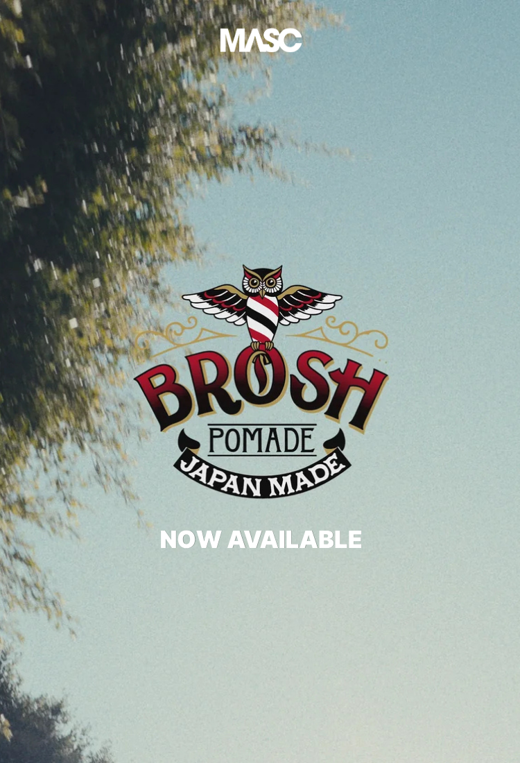Brosh pomade logo with text saying now available with a tree and blue sky in the background