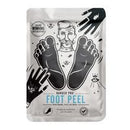 A foot peel mask packet with a white background and black illustrations of feet, hands, and a face, labeled 'FOOT PEEL'.