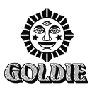 A black graphic design featuring a stylized sun face with three eyes and the word 'GOLDIE' in bold, dotted lettering below, on a plain white background.