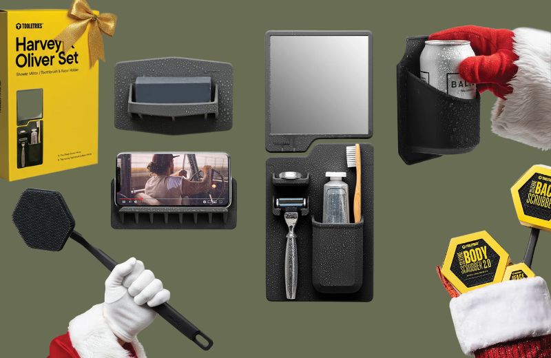 Collection of grooming products and accessories with Santa Claus hands holding a spatula and can holder.