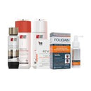 A group of personal care and beauty products arranged against a plain white background, including bottles, a box, and a spray bottle. Visible branding includes Revita, DS, and FOLIGUAIN.