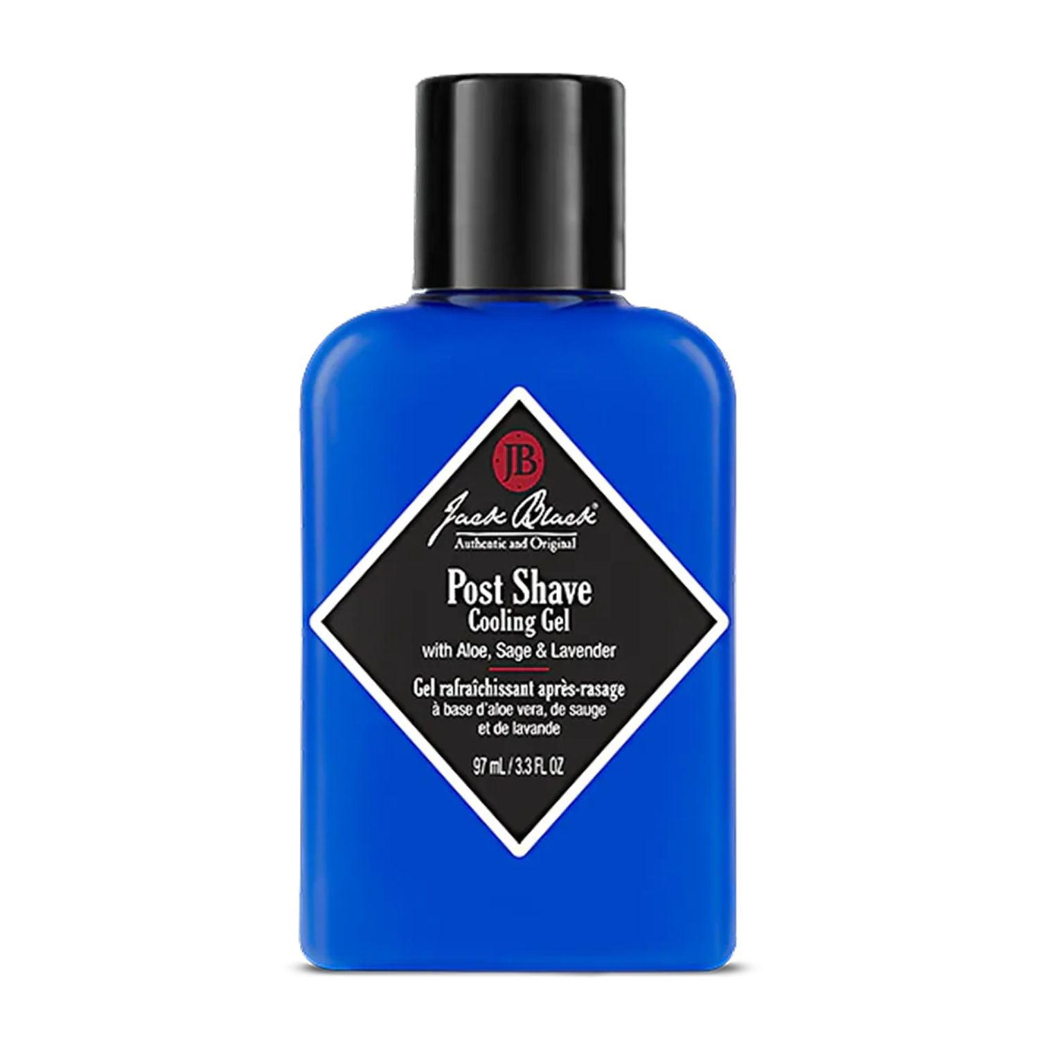Blue bottle of Jack Black post-shave cooling gel on a white background