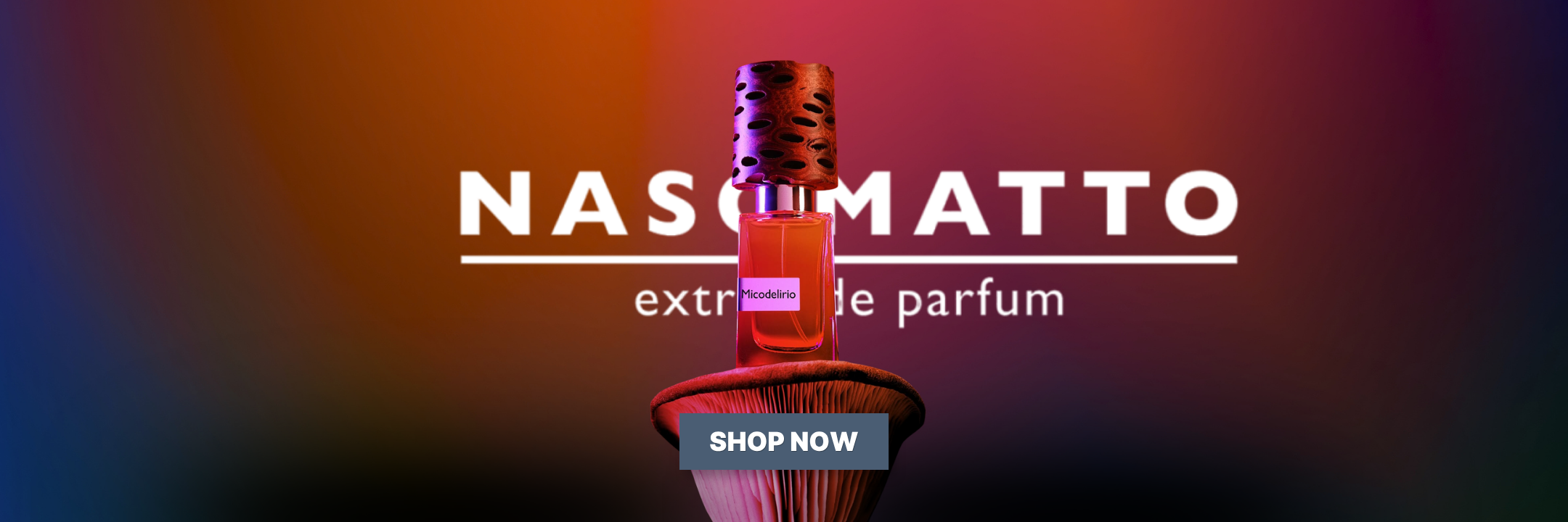 Nasomatto Micodelirio promotional banner with a bottle on a mushroom with a shop now button, and red gradient background 
