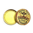 An open round metal tin of Brosh hair pomade, showing the yellow pomade inside and the vintage-style round lid with 'Original Hold Brosh Polish' printed on it.