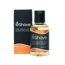 A bottle of eShave pre shave oil next to its black and orange retail box, featuring the eShave brand logo.