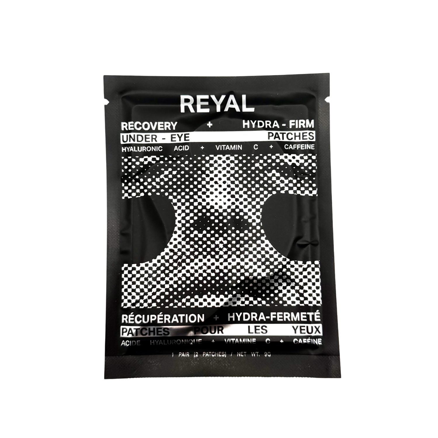 Packette of Reyal recovery and hydra-firm eye patches on a white background