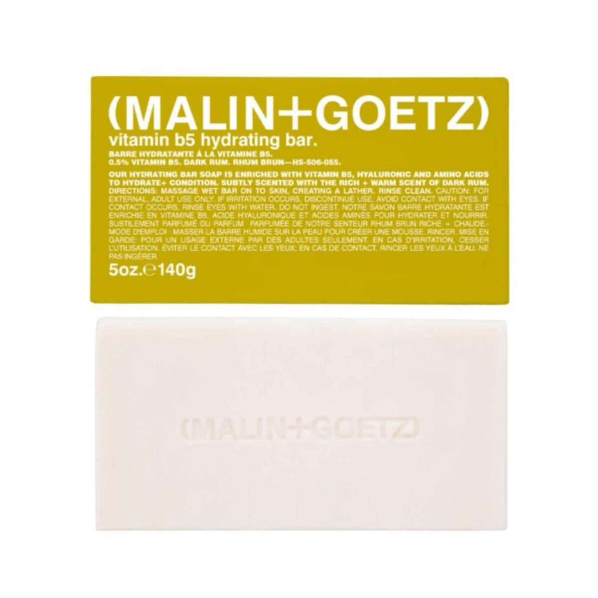MALIN+GOETZ Rum Bar Soap, 140g, in yellow packaging with white lettering.