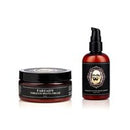 A grooming set featuring a black jar of Farzad's Shaving Cream and a dark amber spray pump bottle of after shave balm with a black label, both on a plain white background.