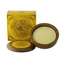 Geo. F. Trumpers sandalwood shaving soap in a wooden bowl with packaging on a white background