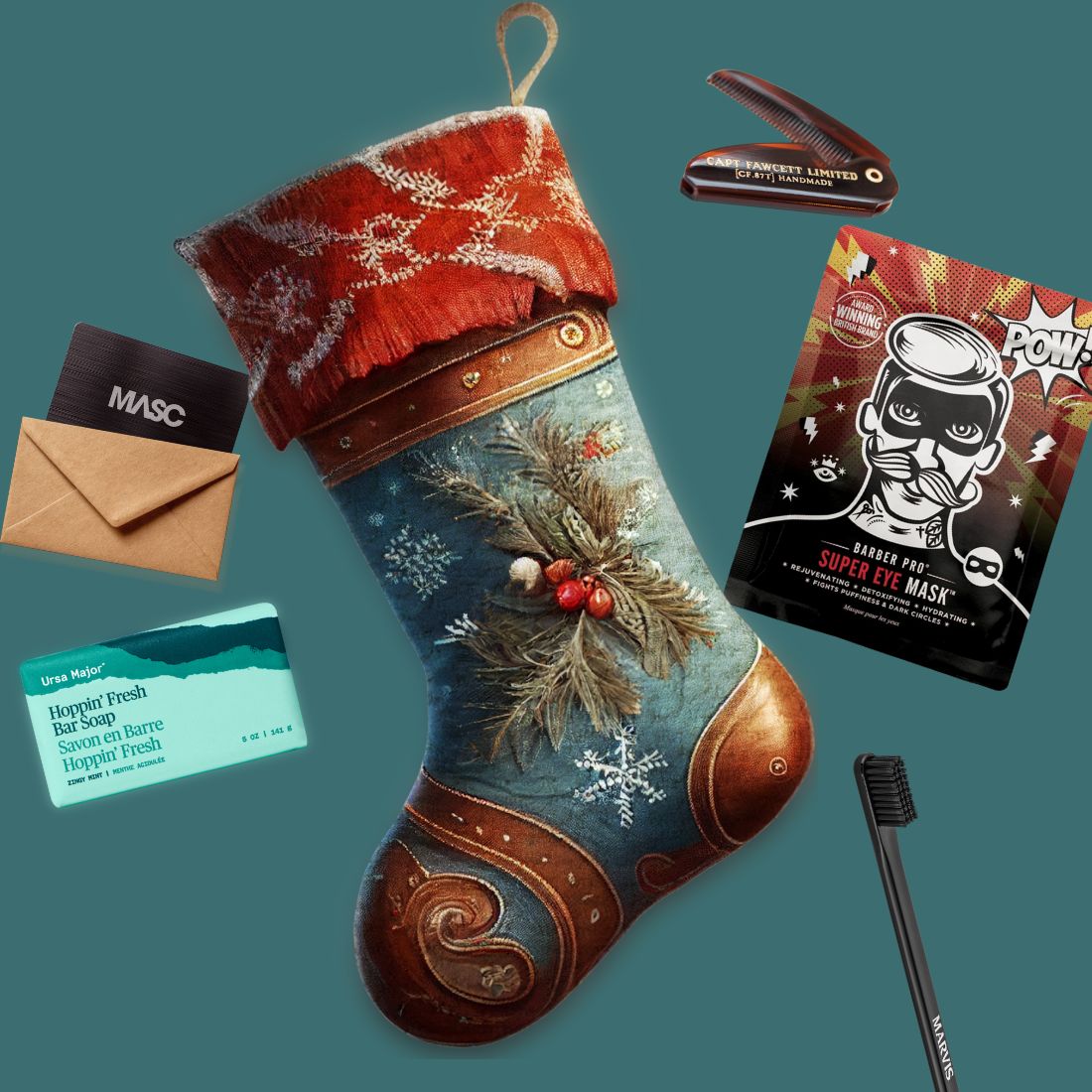 Decorative Christmas stocking with various items on a teal background