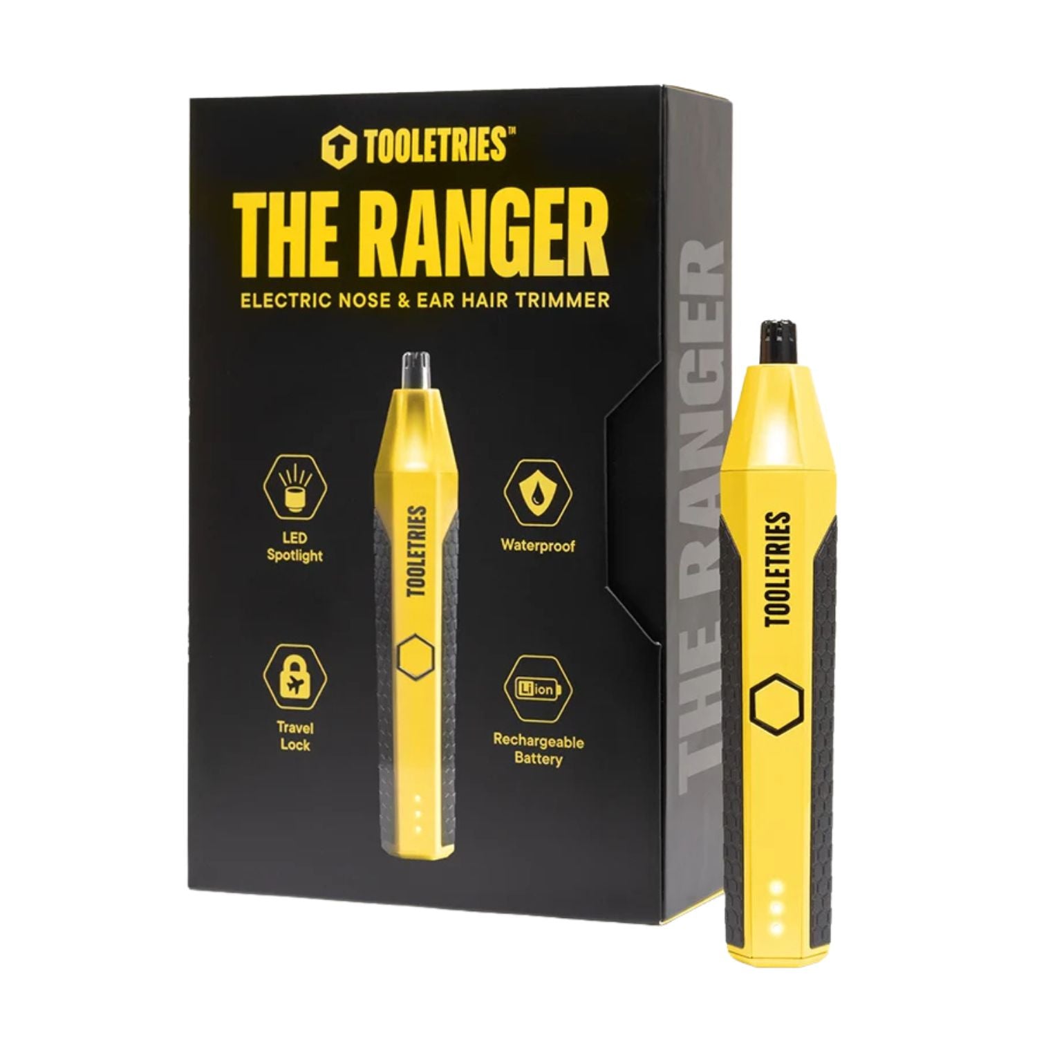 Tooletries The Ranger electric nose and ear hair trimmer in yellow shown next to its black retail box on a white background.