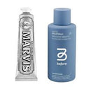 A tube of Marvis toothpaste and a blue bottle of Before mouthwash, shown side-by-side on a plain white background.